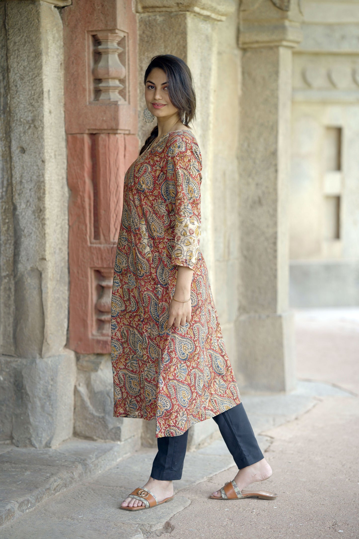 Red- Pedana Kalamkari Hand block Printed A line Cotton Kurta