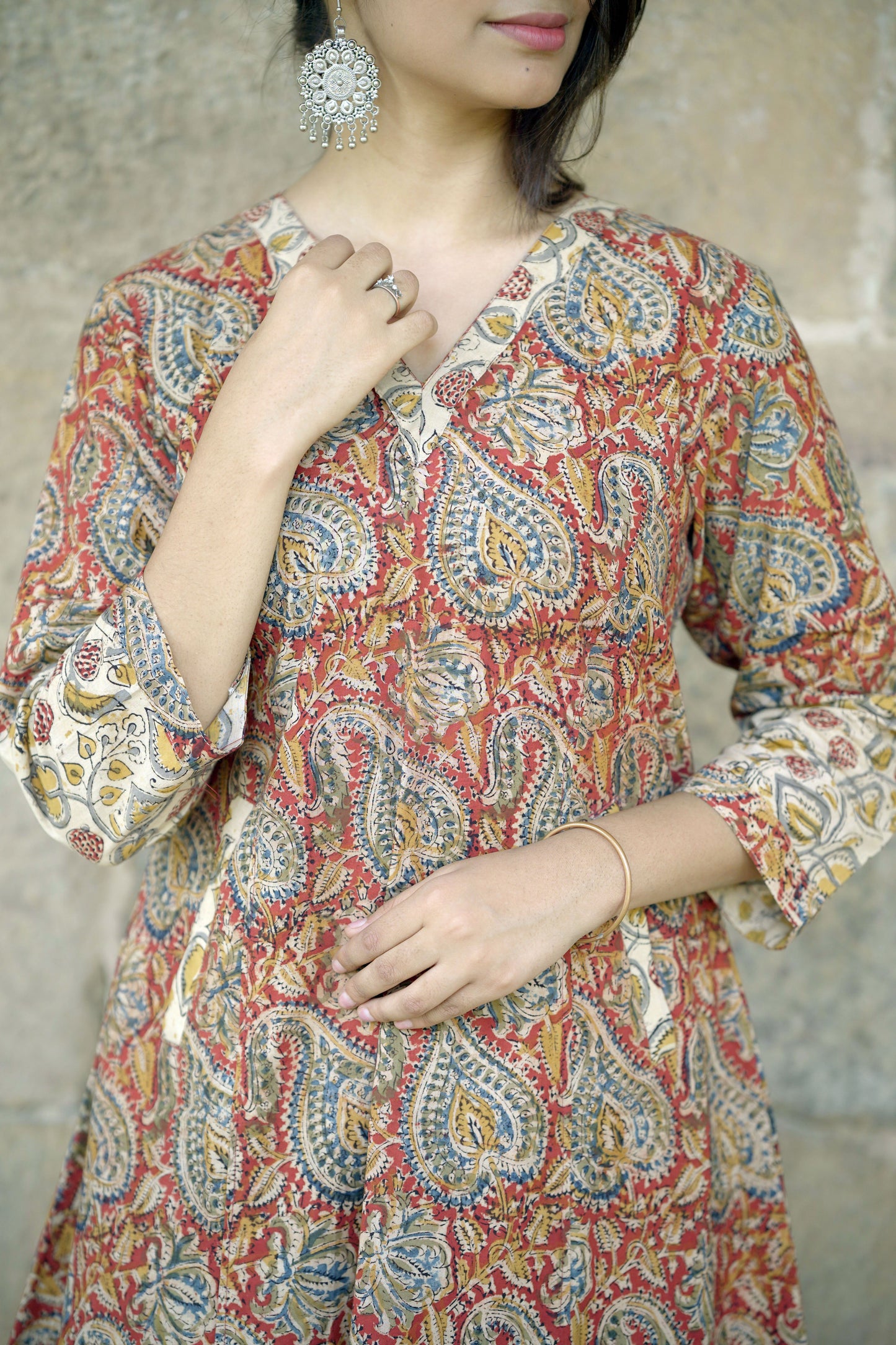 Red- Pedana Kalamkari Hand block Printed A line Cotton Kurta