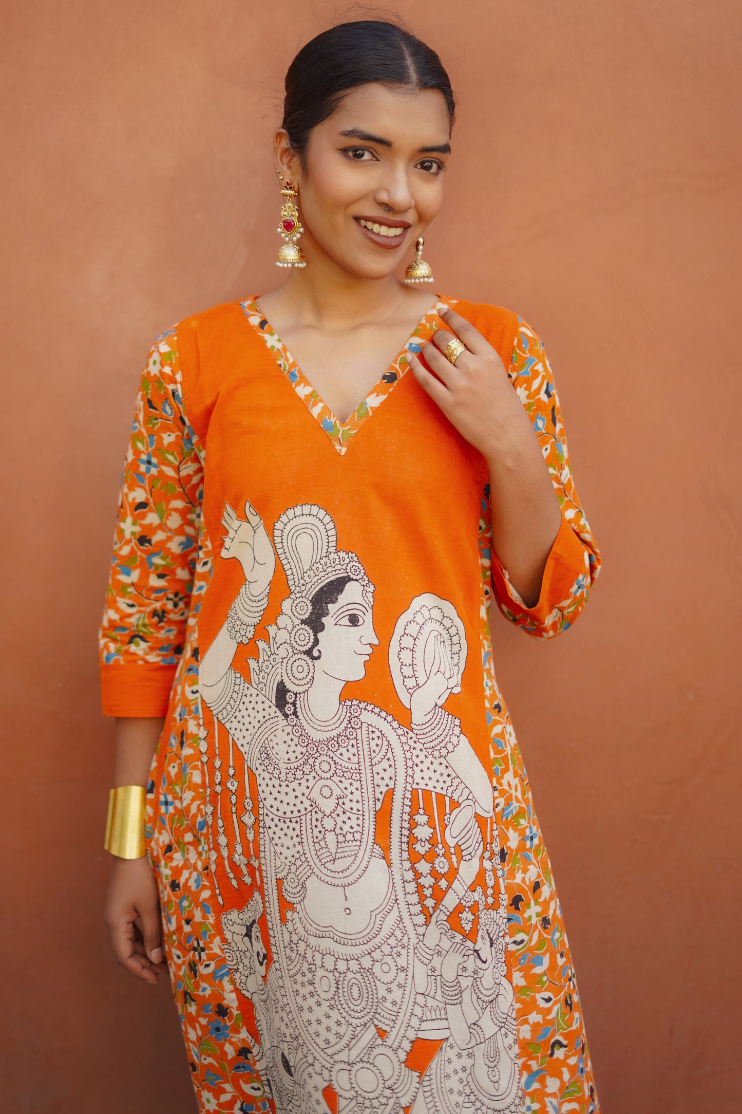 Orange Kalamkari Cotton Kurta