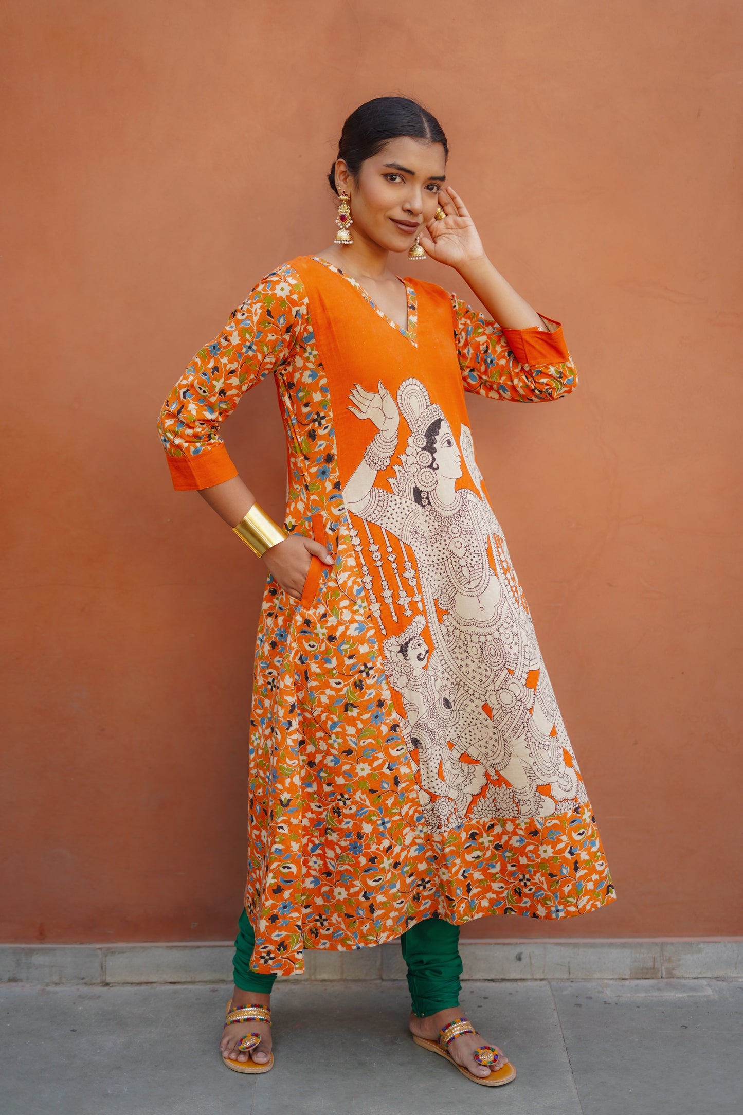 Orange Kalamkari Cotton Kurta