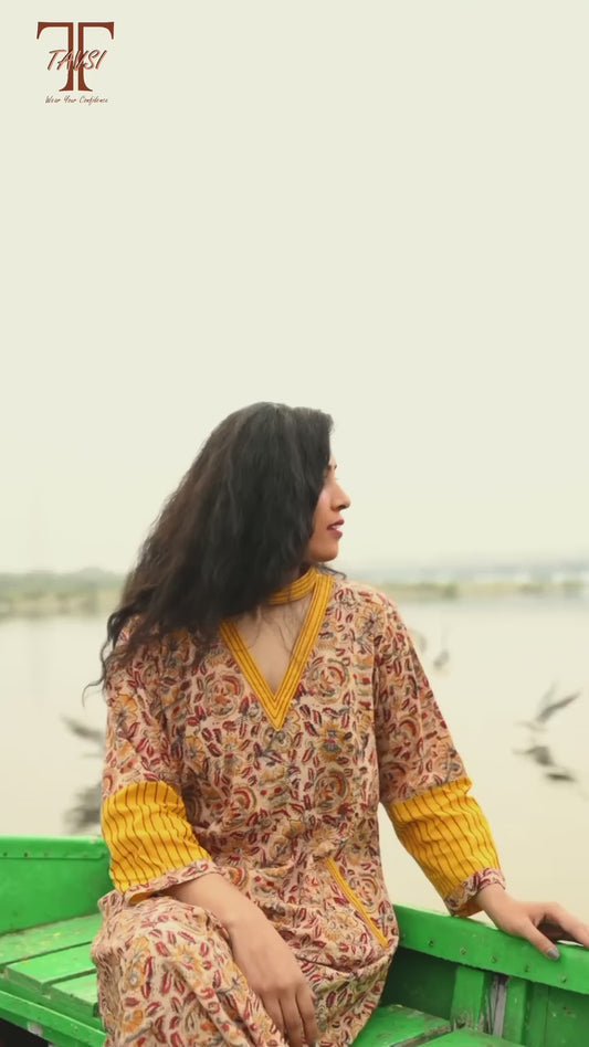 Red and Yellow Kalamkari Hand Block Printed Cotton Kurta
