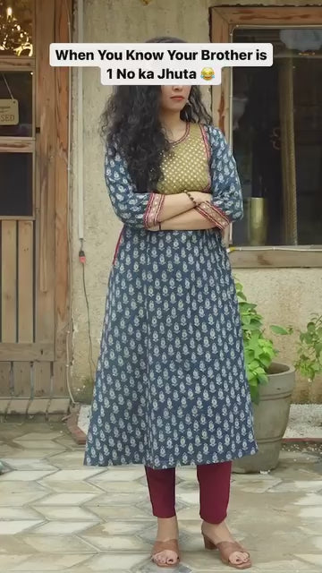 Blue Ajrakh Hand Block Printed Long Kurta with Pocket