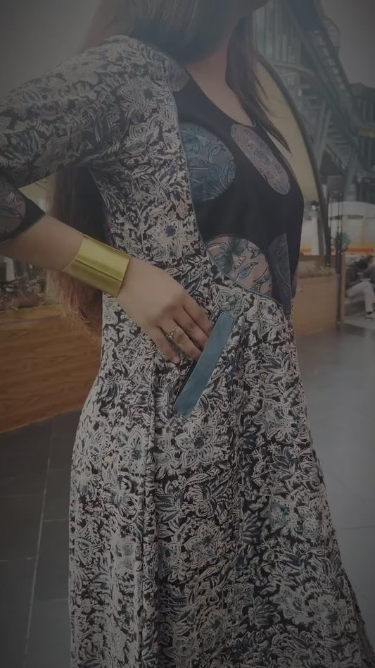 Black and Blue Kalamkari Hand block Printed A line Kurta