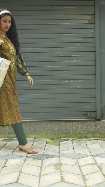 Mustard and Green Ajrakh Hand Block Printed Kurta with Kutch Hand Emroidery patch