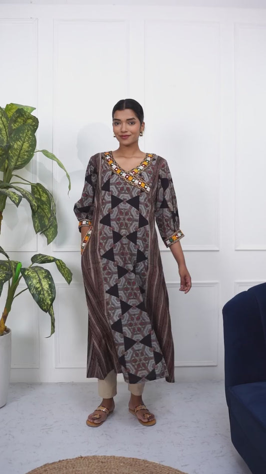 Black Ajrakh HandBlock Printed Long Cotton Kurta with Pocket